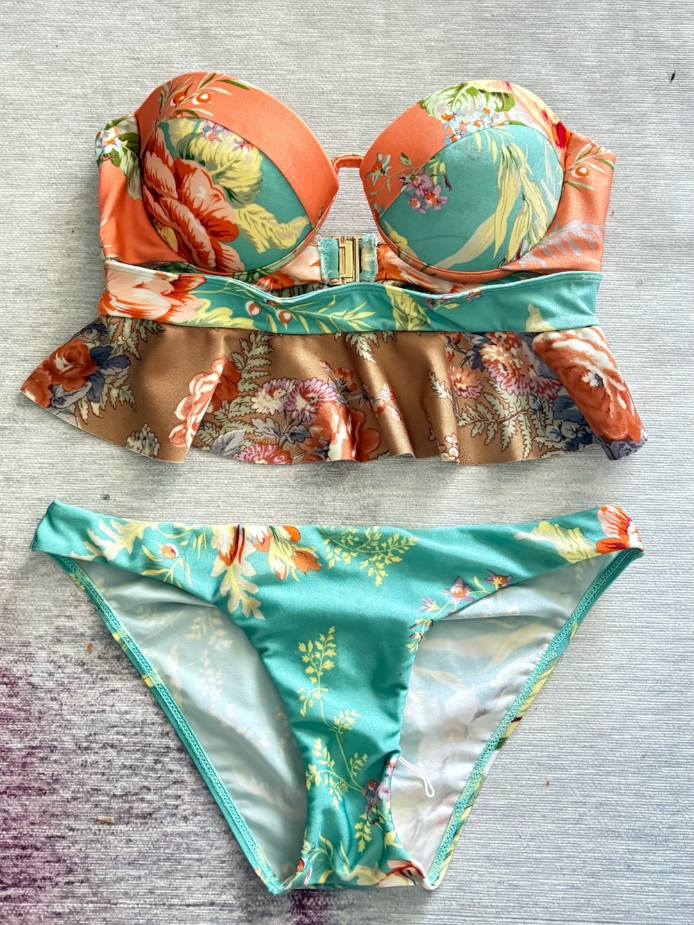 Zimmermann Floral Ruffled Bikini Top & Briefs in Aqua, Coral, Tan - Picture 2 of 5